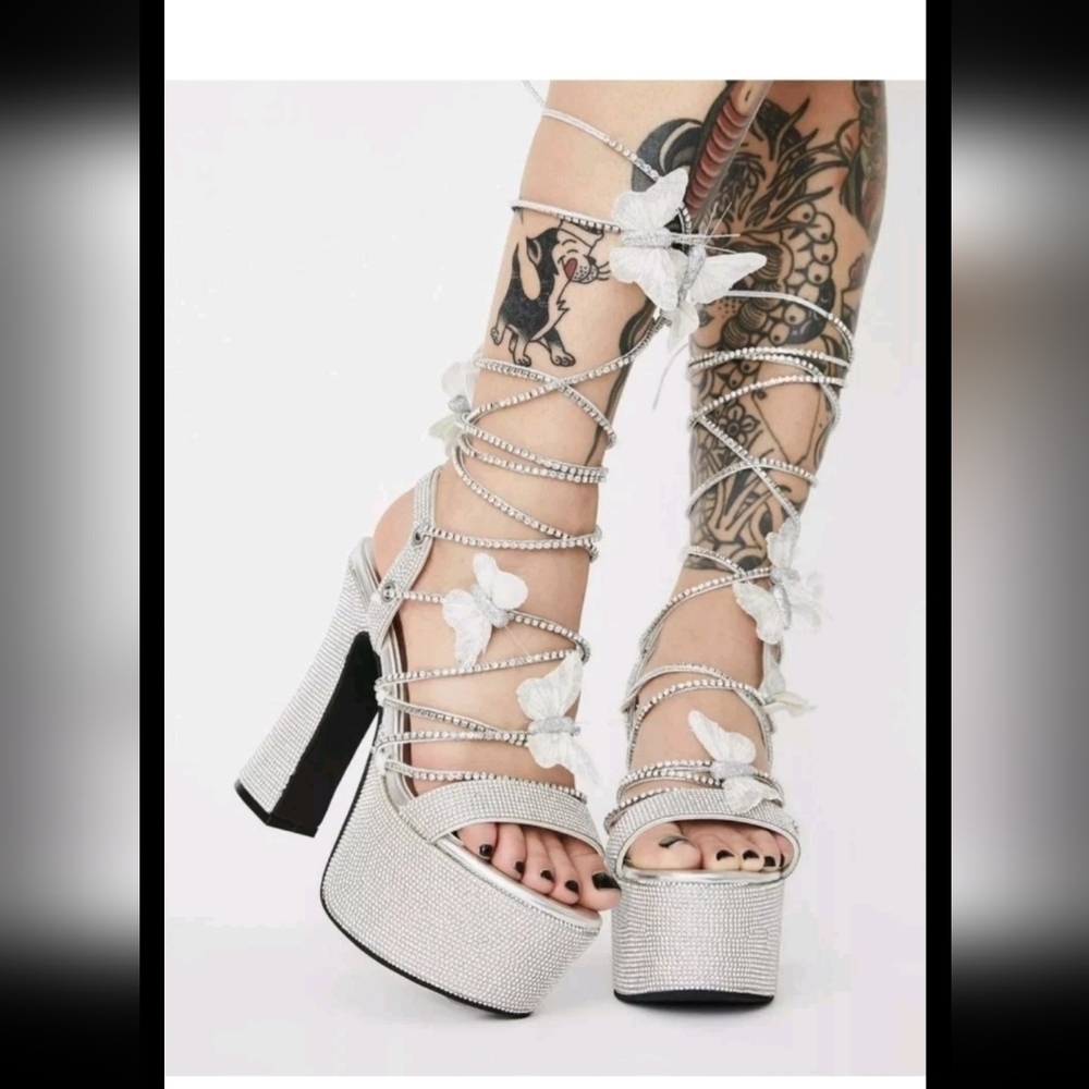 Poster Girl Womens Siver Blindin’ Pixie Queen Lace Up Platform Heels 8